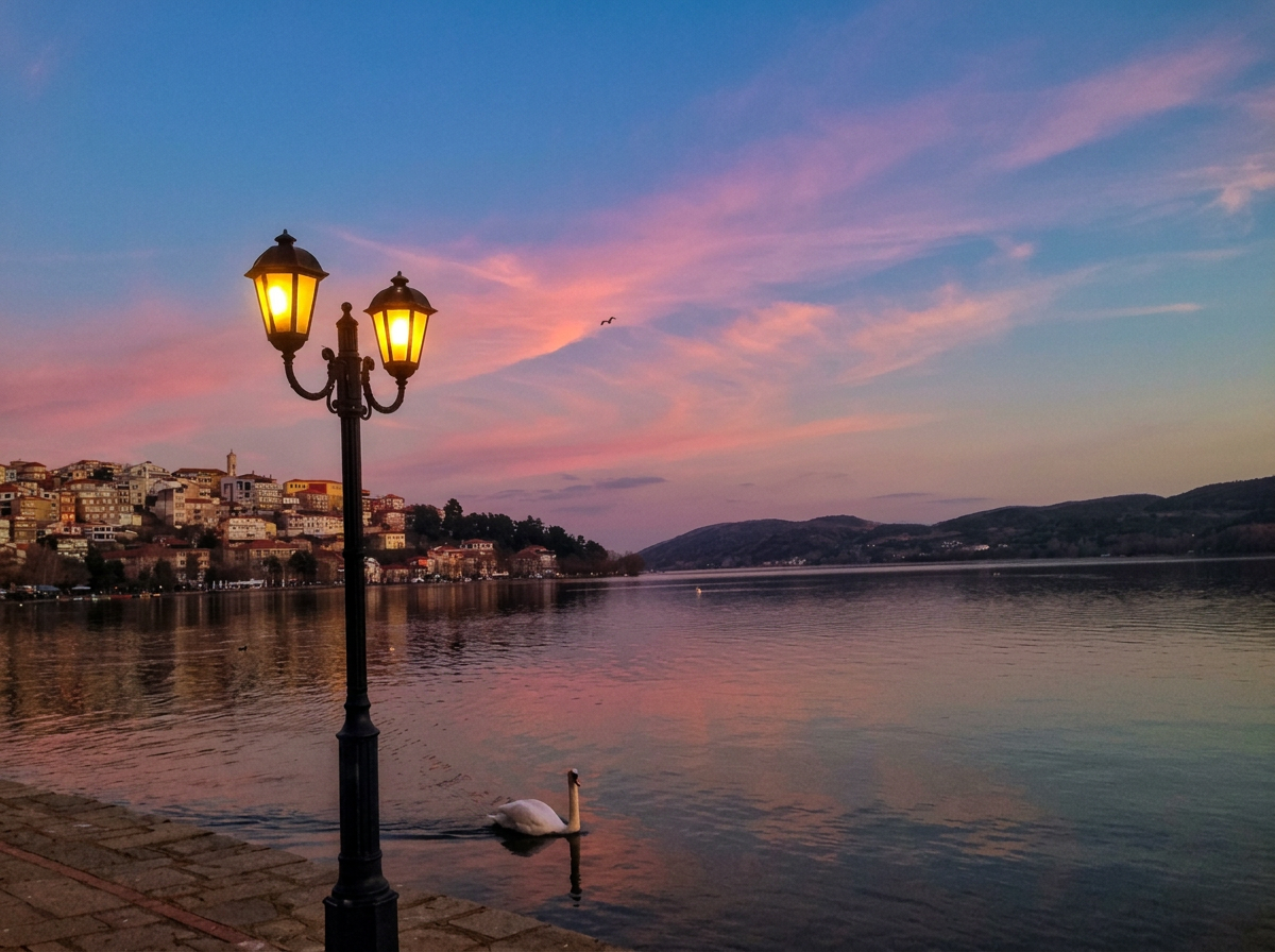 Καστοριά — η λίμνη στο ηλιοβασίλεμα